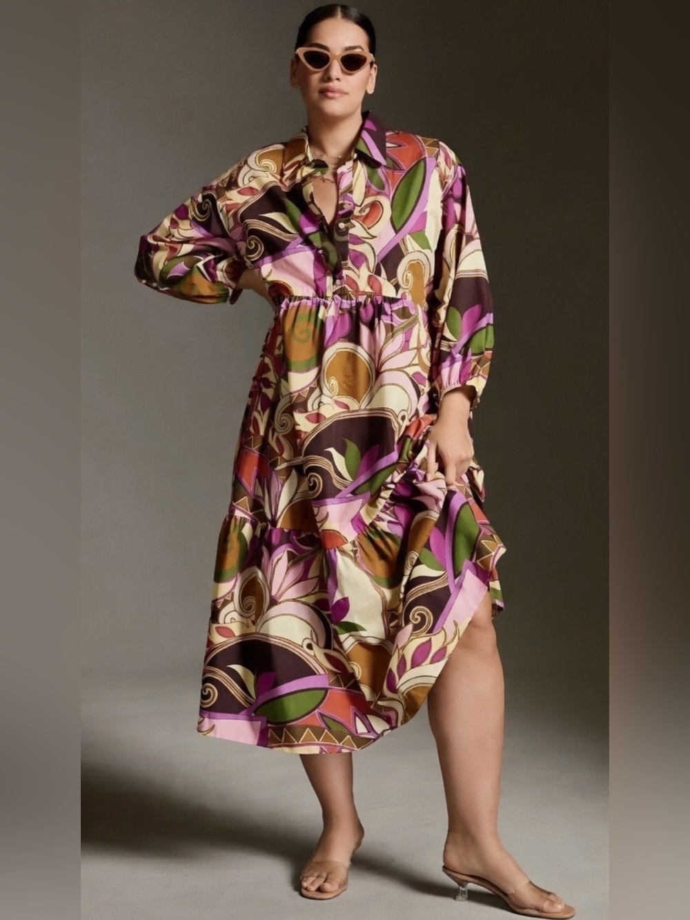 Anthropologie Maeve Bettina Tiered Shirt Dress Retro Print XL